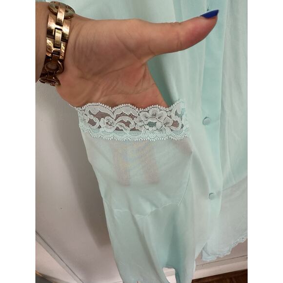 Vintage Shadowline Nightgown/ Robe Med Embroidered Lace Aqua Green Blue - Picture 4 of 8